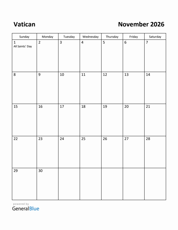 November 2026 Calendar with Vatican Holidays