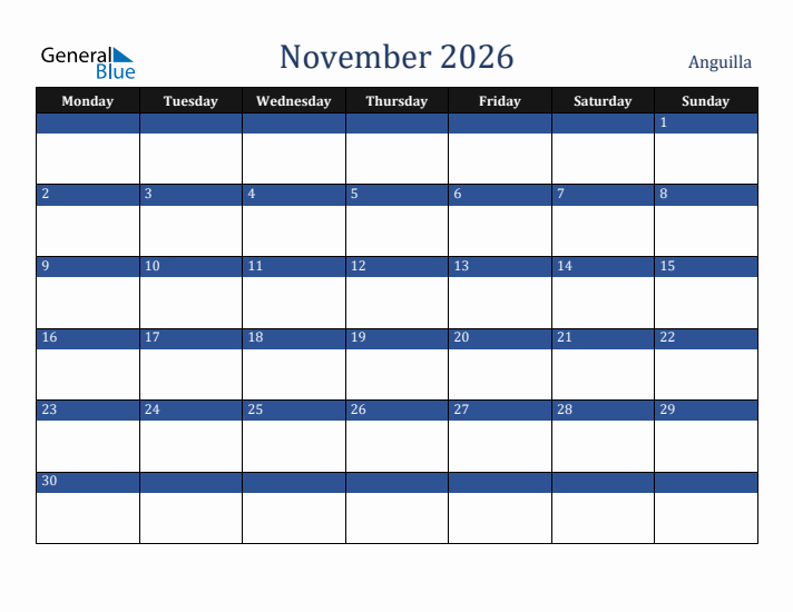 November 2026 Anguilla Calendar (Monday Start)