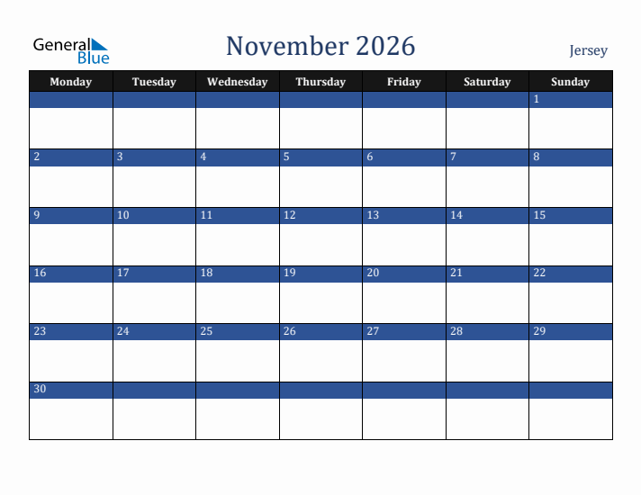 November 2026 Jersey Calendar (Monday Start)