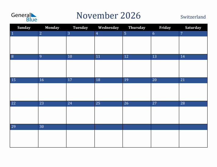 November 2026 Switzerland Calendar (Sunday Start)