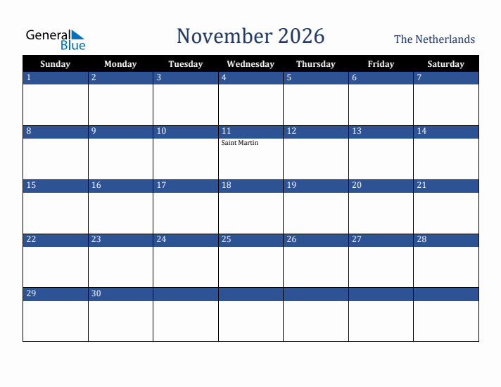 November 2026 The Netherlands Calendar (Sunday Start)