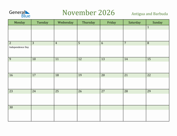 November 2026 Calendar with Antigua and Barbuda Holidays