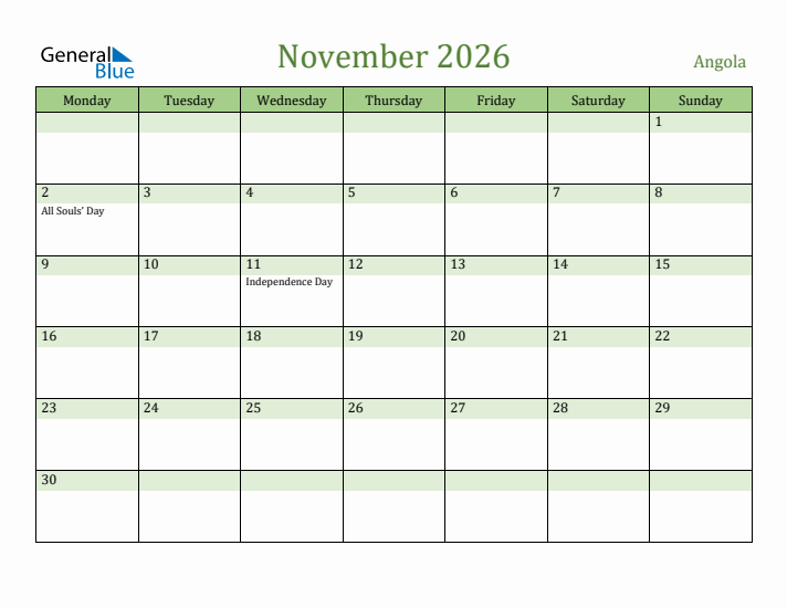 November 2026 Calendar with Angola Holidays