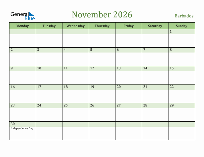 November 2026 Calendar with Barbados Holidays