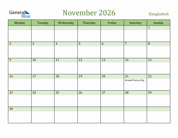 November 2026 Calendar with Bangladesh Holidays