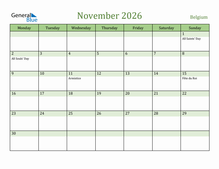 November 2026 Calendar with Belgium Holidays