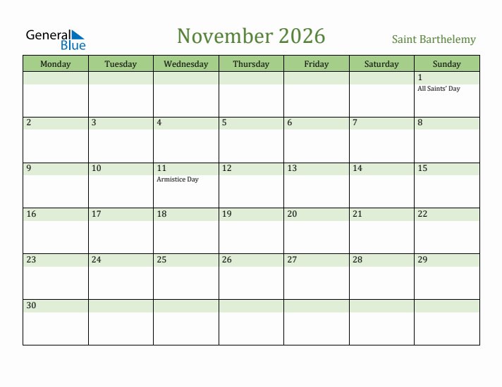 November 2026 Calendar with Saint Barthelemy Holidays