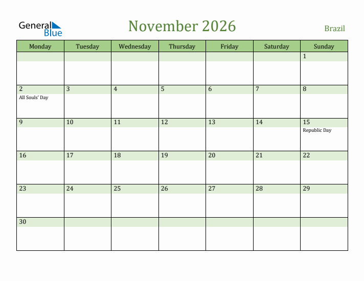 November 2026 Calendar with Brazil Holidays