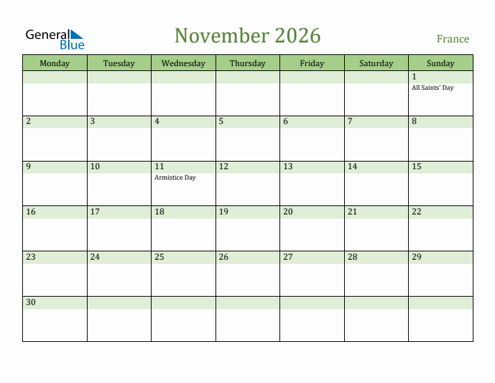 November 2026 Calendar with France Holidays