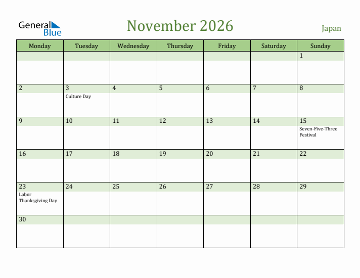 November 2026 Calendar with Japan Holidays