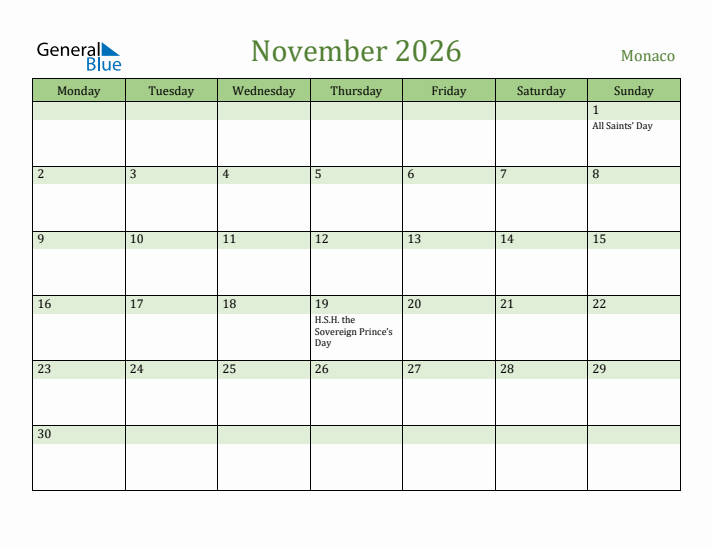 November 2026 Calendar with Monaco Holidays