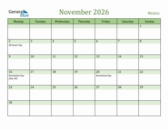 November 2026 Calendar with Mexico Holidays