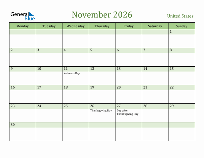 November 2026 Calendar with United States Holidays