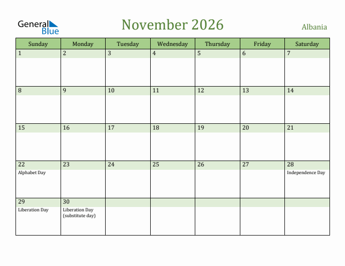 November 2026 Calendar with Albania Holidays