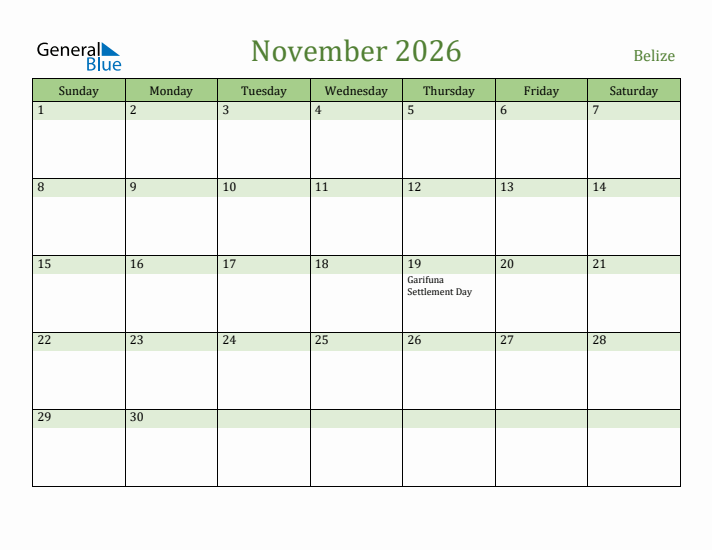 November 2026 Calendar with Belize Holidays