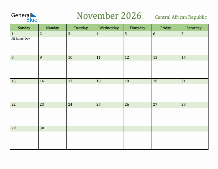 November 2026 Calendar with Central African Republic Holidays