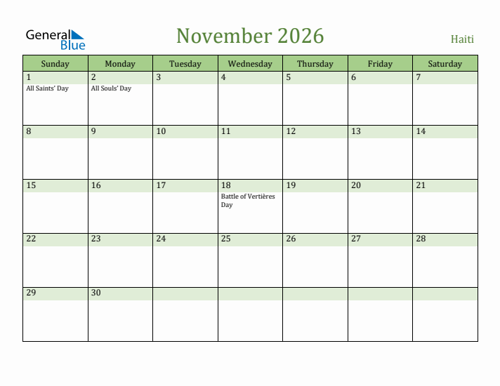 November 2026 Calendar with Haiti Holidays