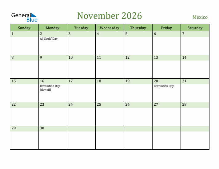 November 2026 Calendar with Mexico Holidays