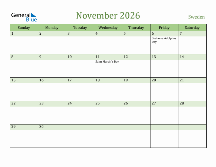 November 2026 Calendar with Sweden Holidays