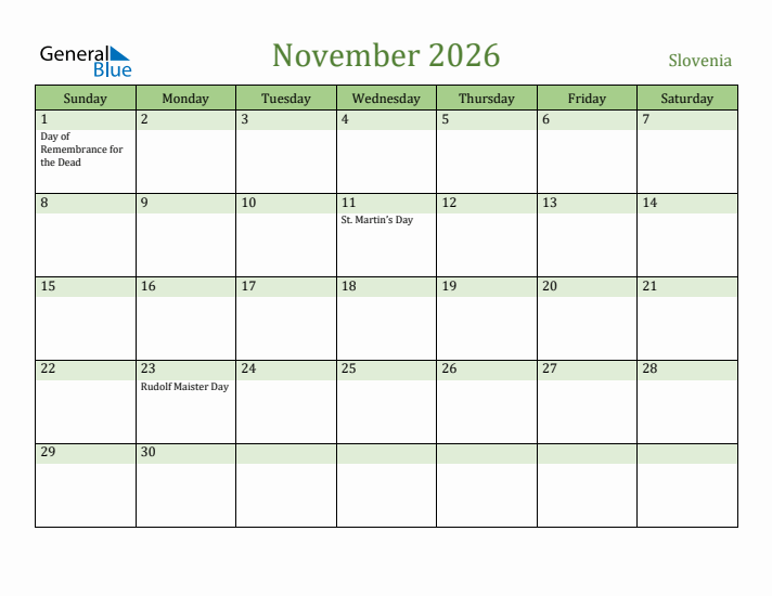 November 2026 Calendar with Slovenia Holidays