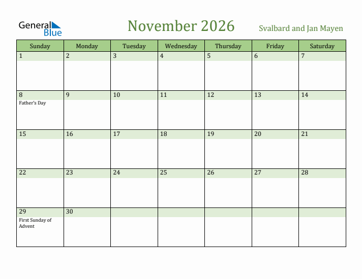 November 2026 Calendar with Svalbard and Jan Mayen Holidays