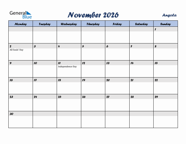 November 2026 Calendar with Holidays in Angola