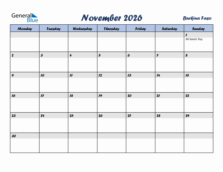 November 2026 Calendar with Holidays in Burkina Faso