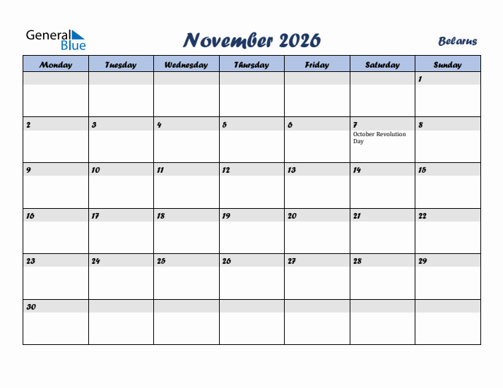 November 2026 Calendar with Holidays in Belarus