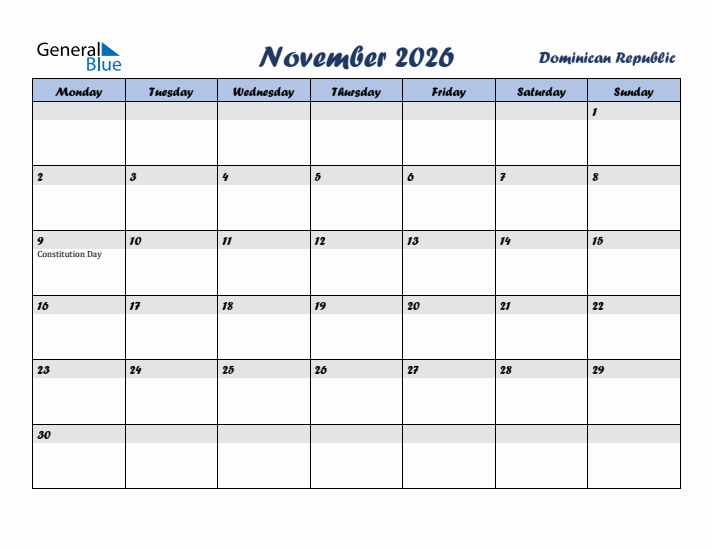 November 2026 Calendar with Holidays in Dominican Republic