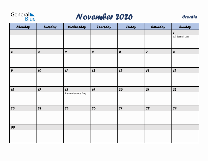 November 2026 Calendar with Holidays in Croatia