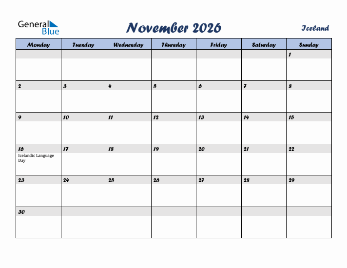 November 2026 Calendar with Holidays in Iceland