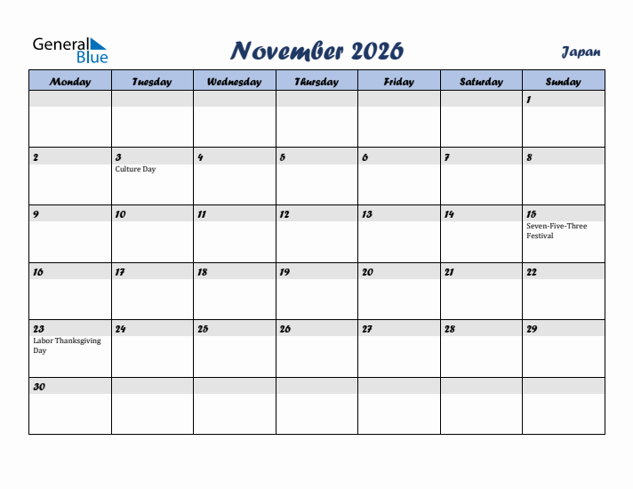 November 2026 Calendar with Holidays in Japan