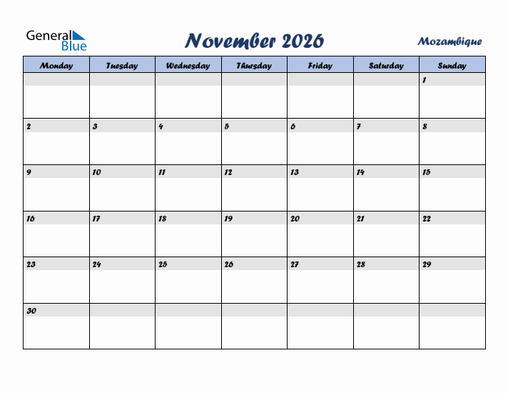 November 2026 Calendar with Holidays in Mozambique