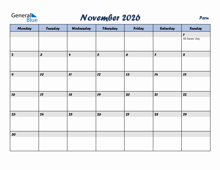 November 2026 Calendar with Holidays in Peru