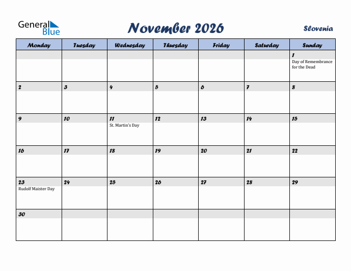 November 2026 Calendar with Holidays in Slovenia