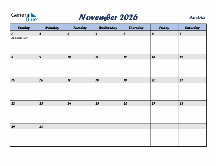 November 2026 Calendar with Holidays in Austria