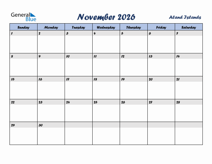 November 2026 Calendar with Holidays in Aland Islands