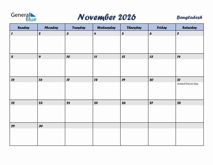 November 2026 Calendar with Holidays in Bangladesh