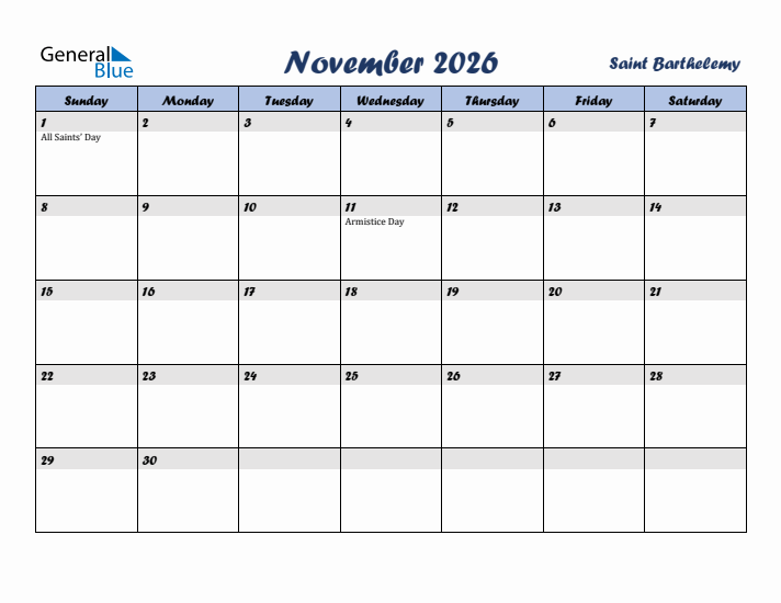 November 2026 Calendar with Holidays in Saint Barthelemy