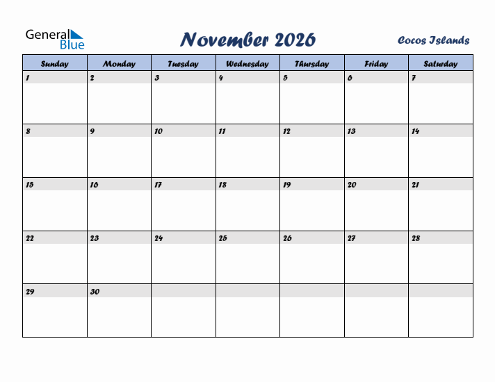 November 2026 Calendar with Holidays in Cocos Islands