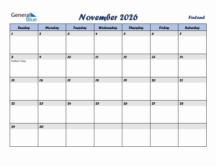 November 2026 Calendar with Holidays in Finland