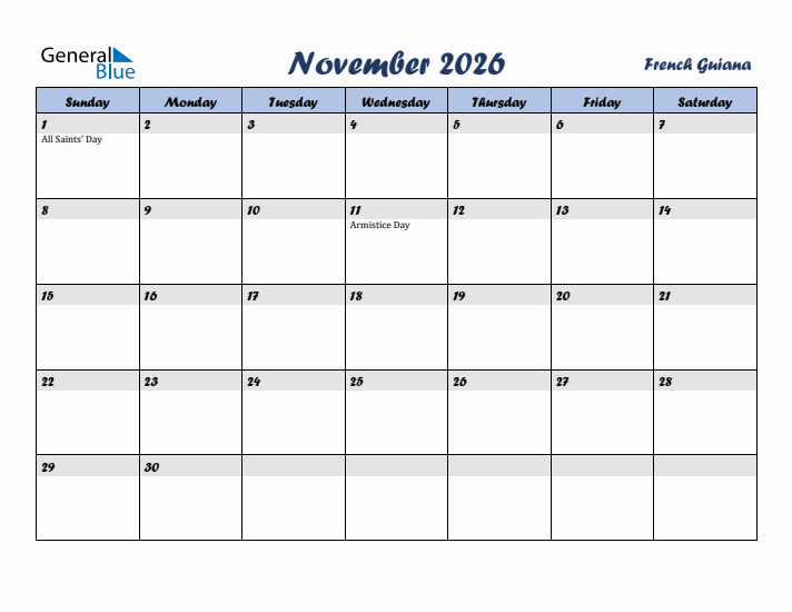 November 2026 Calendar with Holidays in French Guiana