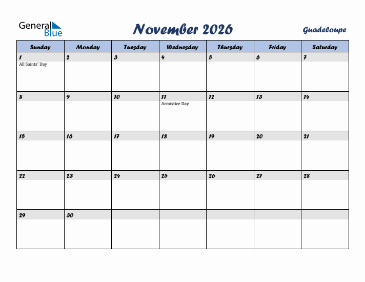 November 2026 Calendar with Holidays in Guadeloupe