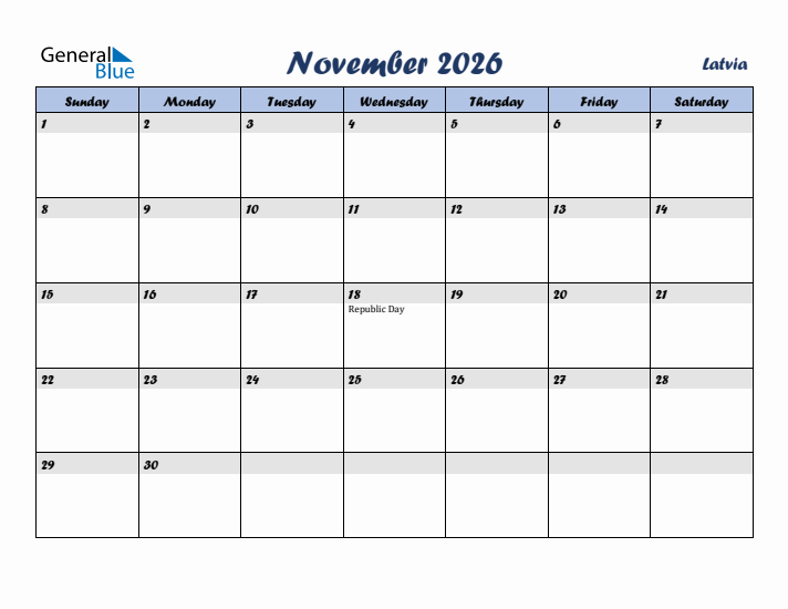 November 2026 Calendar with Holidays in Latvia