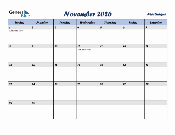 November 2026 Calendar with Holidays in Martinique