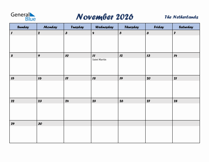 November 2026 Calendar with Holidays in The Netherlands