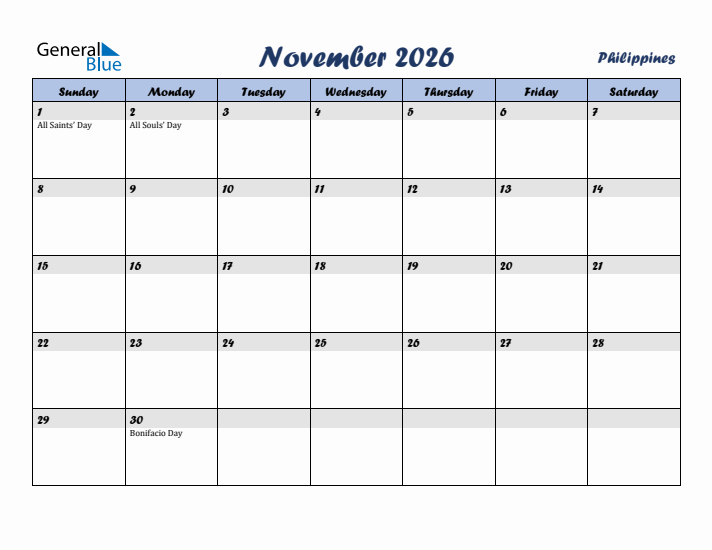 November 2026 Calendar with Holidays in Philippines