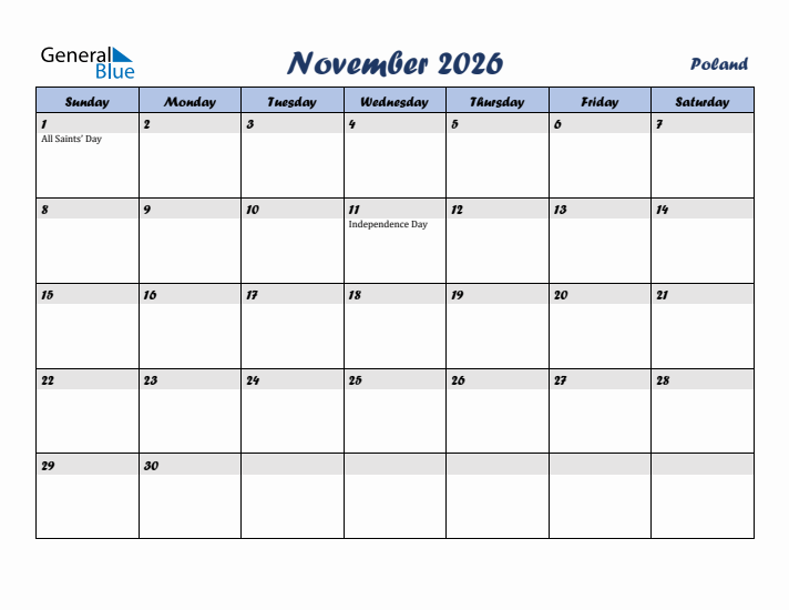 November 2026 Calendar with Holidays in Poland