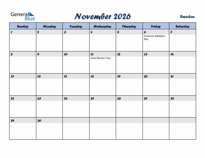 November 2026 Calendar with Holidays in Sweden