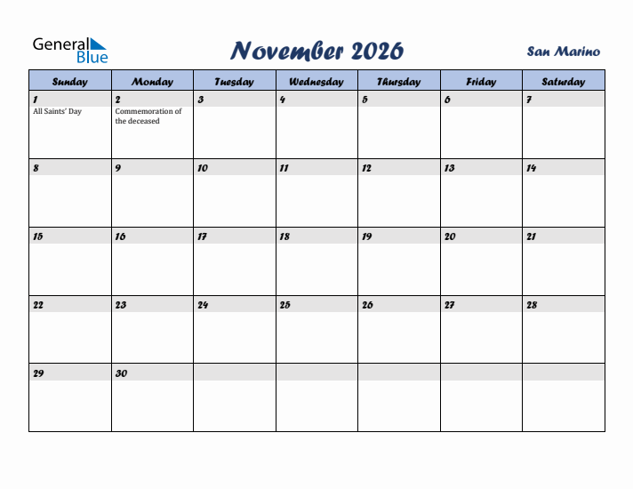 November 2026 Calendar with Holidays in San Marino